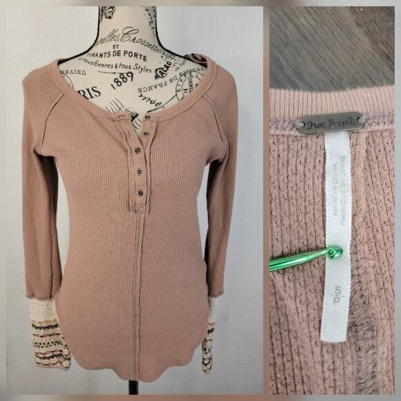 Free People Alpine Ski Lodge Cuff Stretch Henley Thermal Top Sz Small Mushroom - Picture 1 of 10